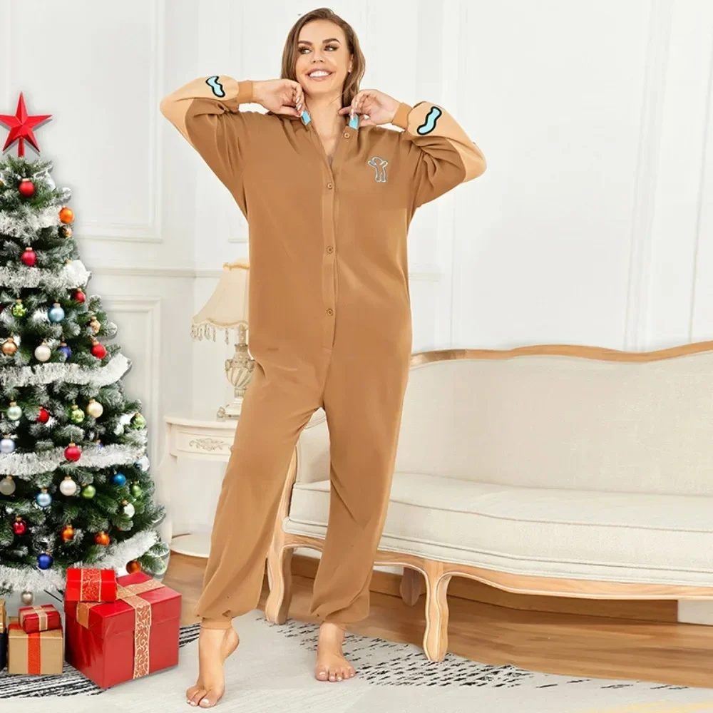 Christmas Gingerbread Man Couple Shaker Fleece One-piece Pyjamas Cosplay Adult Performance Clothing Holiday Party