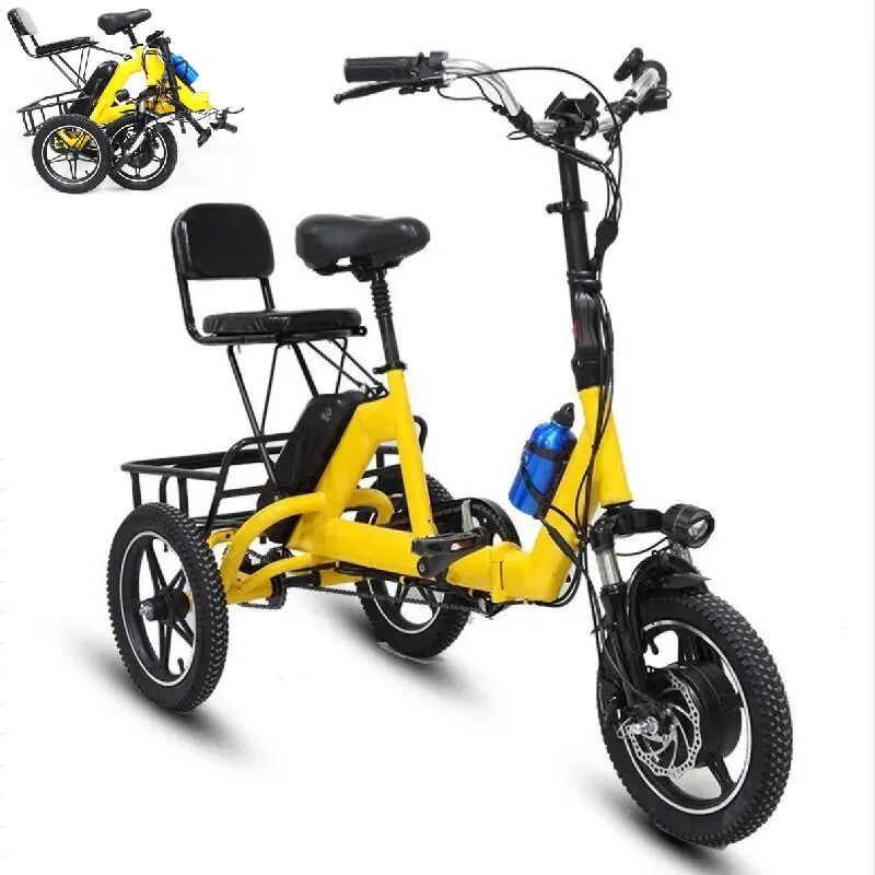 14 Inch Small Folding Electric Tricycle Adult Senior 48V 350W FoldableElectric Bicycle 2 People With Basket Removable Rear Seat