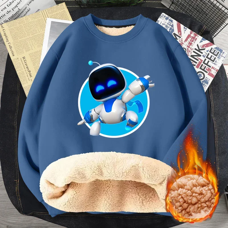 Astro Bot Sweatshirt Men Adult Game Figure Printed Thick Hoodie Round-neck Winter Fleece Pullover Sweater Cute Thermal Clothing