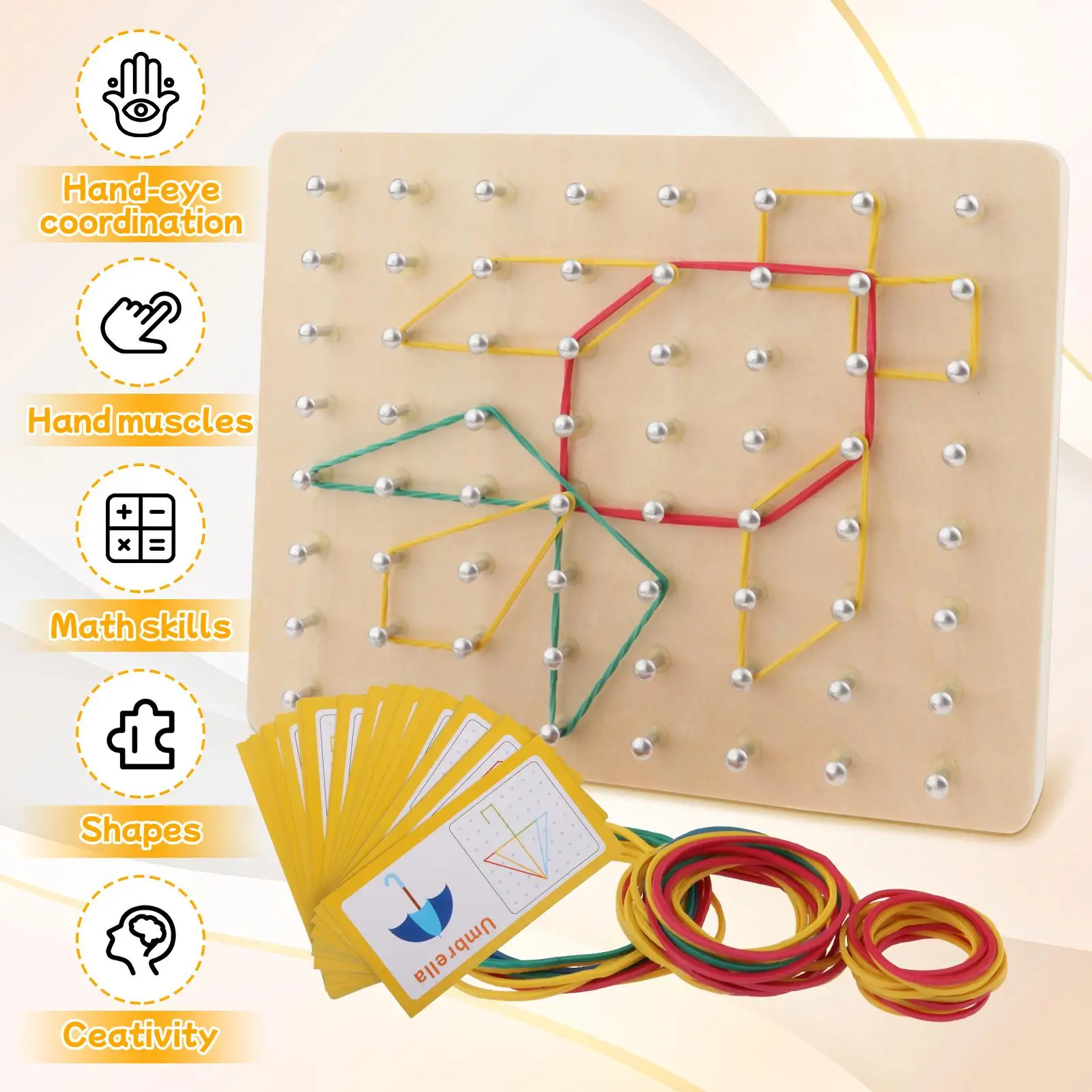 

Wooden Geoboard Educational Toys Block Toy with 30 Pattern Cards Wood Toy Lacing Board for Children Kids Toddlers 3 4 5 Year Old