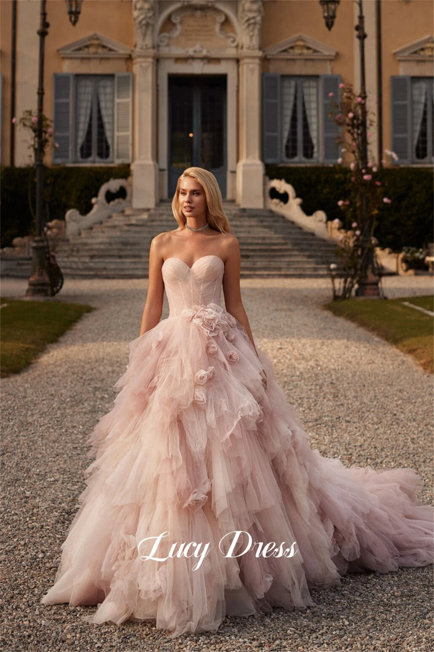 Lucy-Vestidos De Noche De malla esponjosa para mujer, decoración De flores, fiesta De boda, vestidos De graduación, 2024