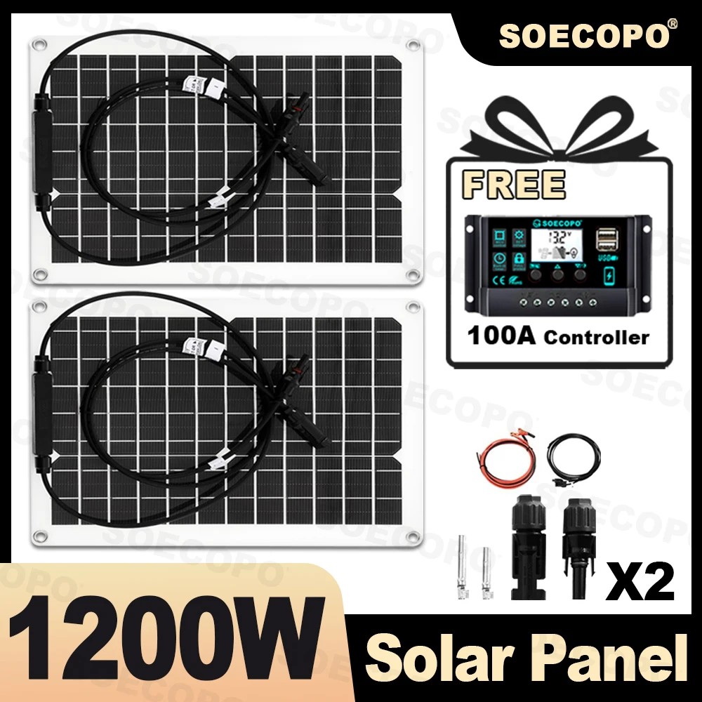 SOECOPO 1200W Portable Solar Panel Kit 2*600W Solar Panels (MC-4 18V) with Free 100A Controller & USB 5V Charging for Camping