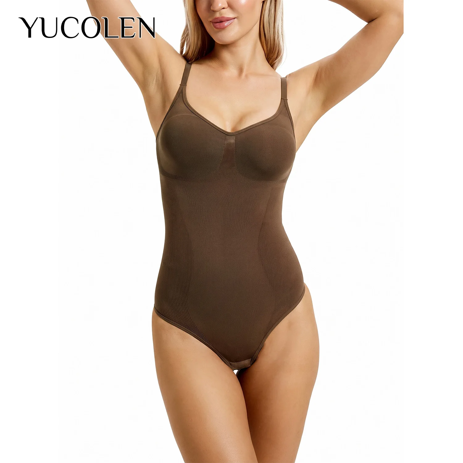 YUCOLEN Women U‑Neck Thong Bodysuit Shapewear Tummy Control Cami Bodysuit with Adjustable Straps High Elastic Ribbed Body Shaper