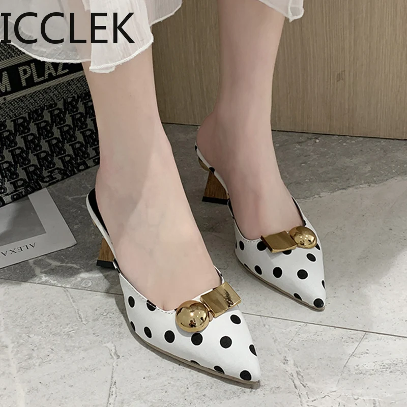 2020 Autumn Chic Dot High Heels Women Slippers  Metal  Buckle Black White Dots Pointed Toe Ladies Elegant Ladies Pumps Shoes