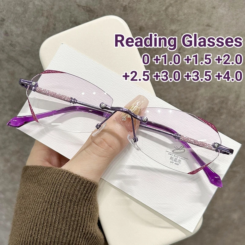 

Diamond Studded Reading Glasses for Women Fashionable Frameless Cut Edge Presbyopia Eyewear Anti Blue Light Far Sight Glasses