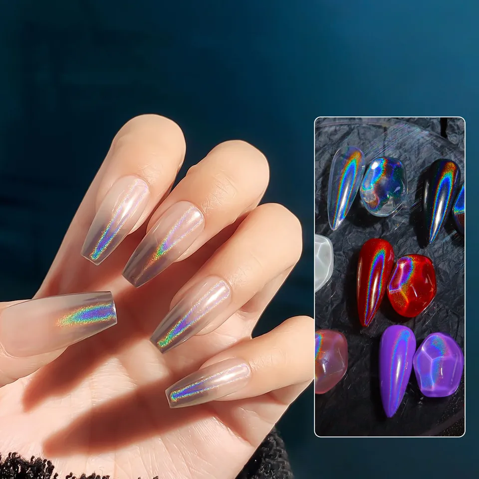 1 Frasco de Brillo Láser Universal para Uñas, Polvo Holográfico Transparente, Brillo Mágico Aurora Espejo, Pigmento para Gel UV 4