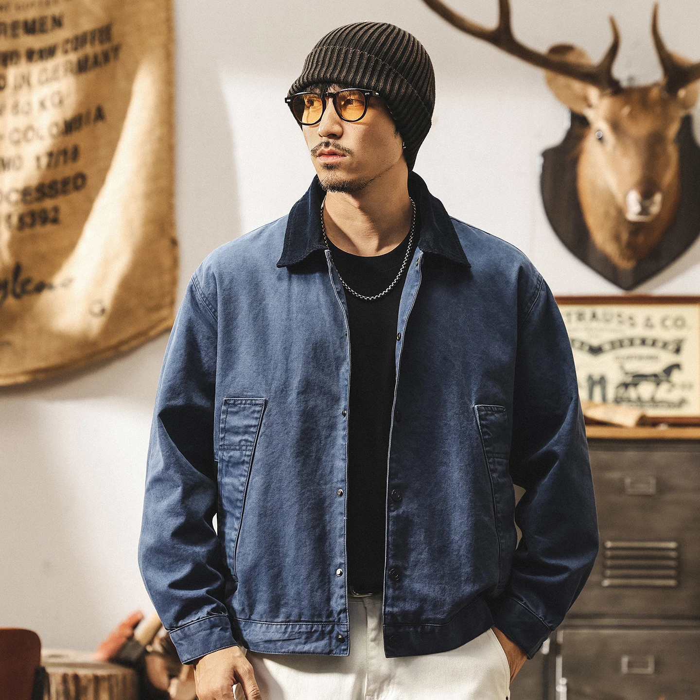 

A new style of American retro blue jacket from Spring and Autumn, a stylish and trendy men's work jacket