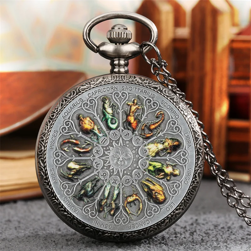 Retro Astrology Zodiac Pocket Watch Vintage 12 Constellation Themed Quartz Necklace Chain Timepiece for Men Women Gift
