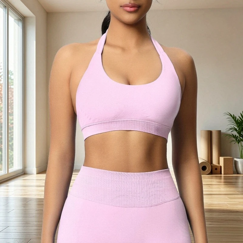 Women Halter Sports Bra Seamless Wide Band Yoga Top Padded Gym Crop Top High Stretch Soft Fitness Workout Bralette Activewear