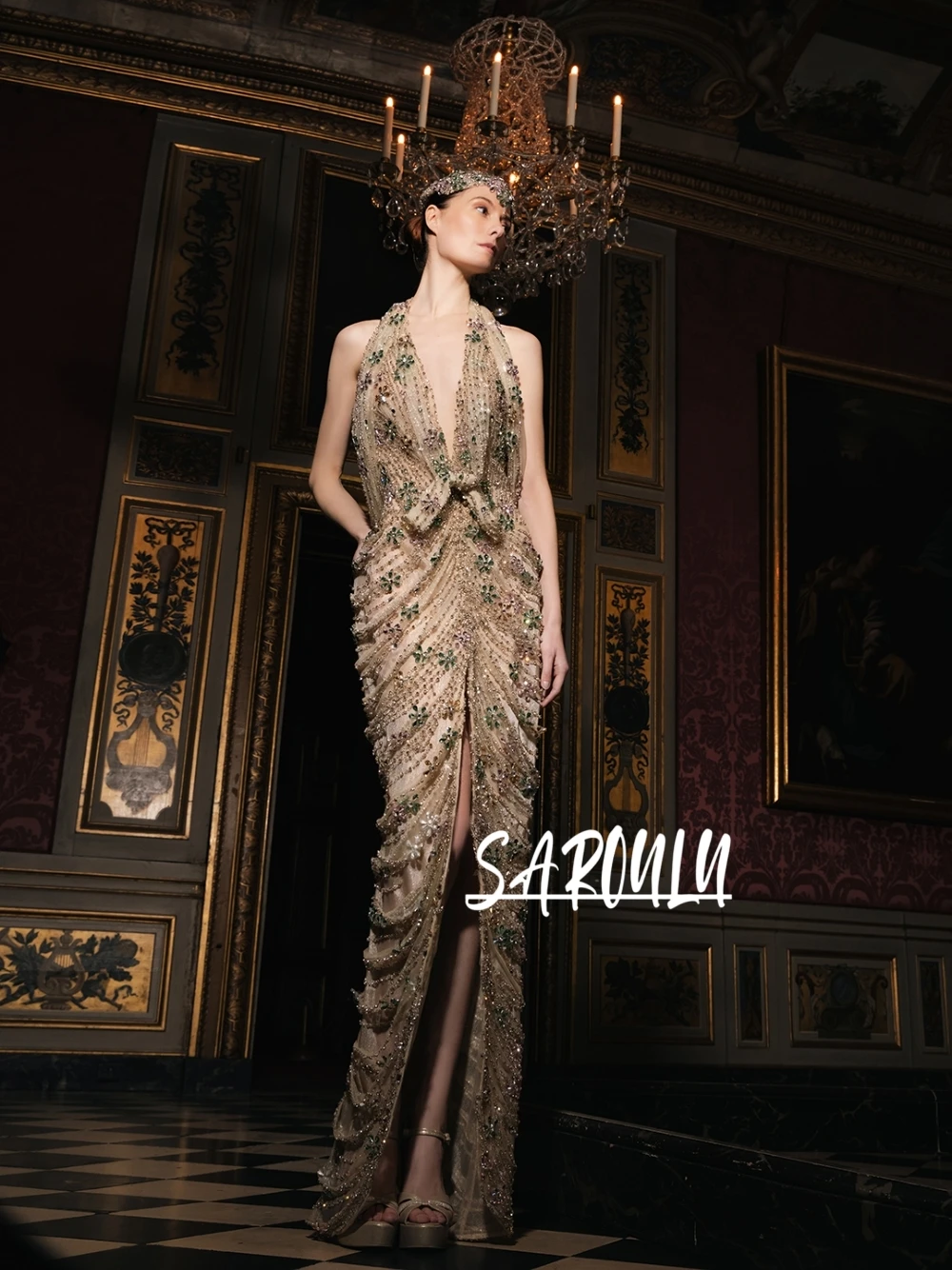 

Exquisite Champagne Gold Halter Evening Gown Plunging V Neck Handmade Beaded Ruched High Slit Slim Fit Chic Formal Party Dress
