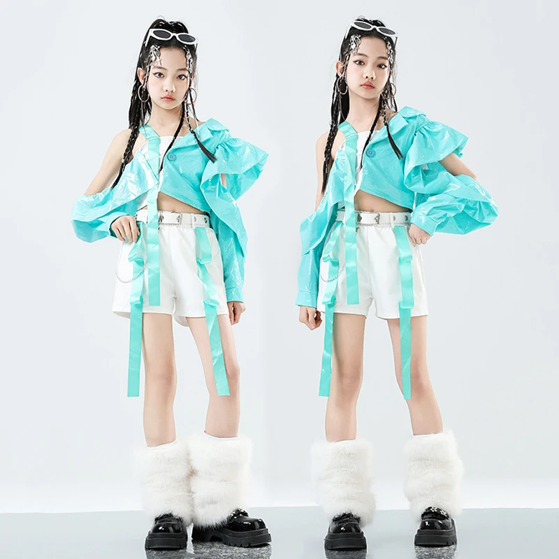 

Jazz Dance Girls Fashion Clothes Green Tops White Shorts Kpop Stage Outfit Model Show Runways Performance Costume Steetwear 3279