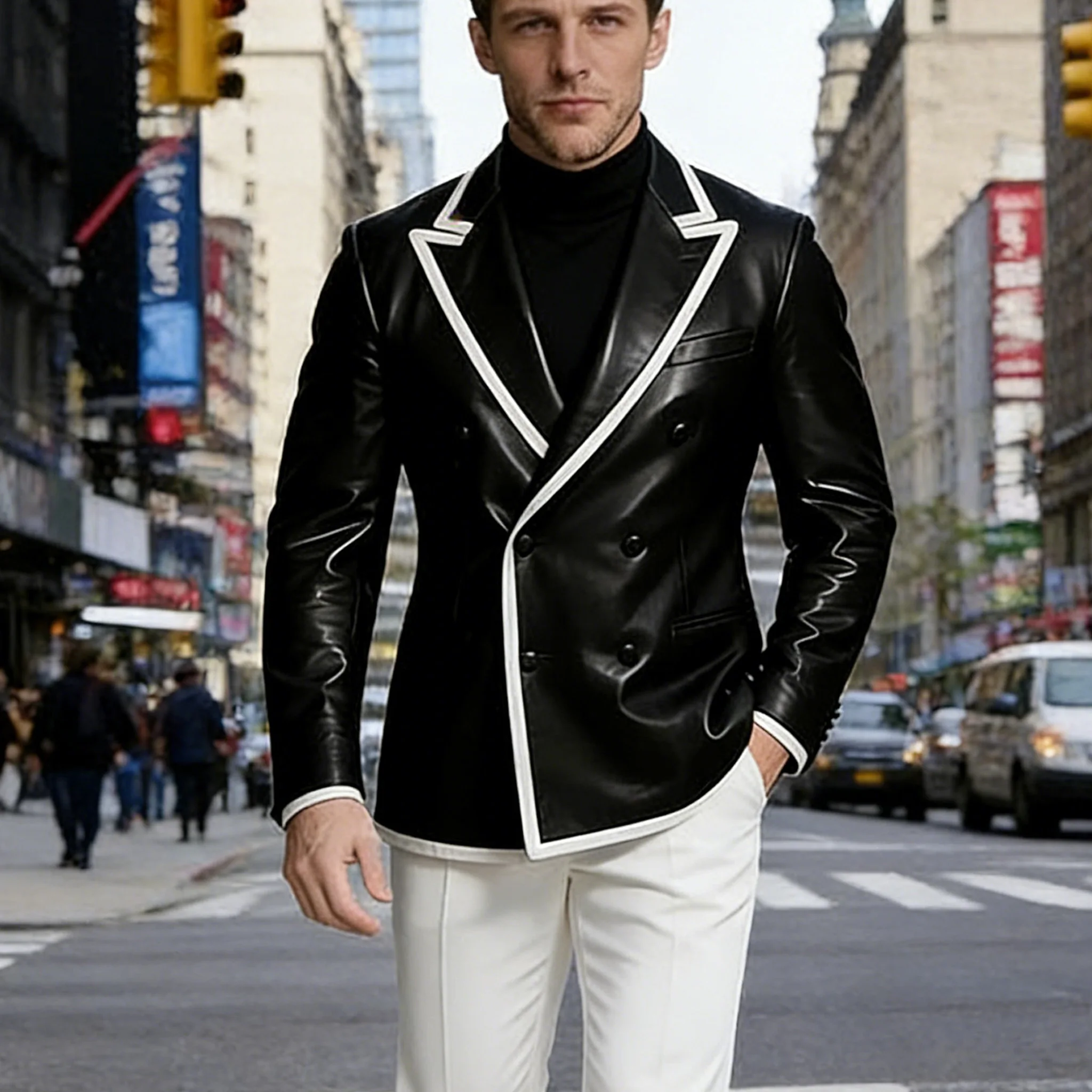 

Men's Dress Leather Jacket Double Breasted Contrast Notched Lapel Slim Fit Patch Pocket Soft PU Leather Blazer For Wedding Party