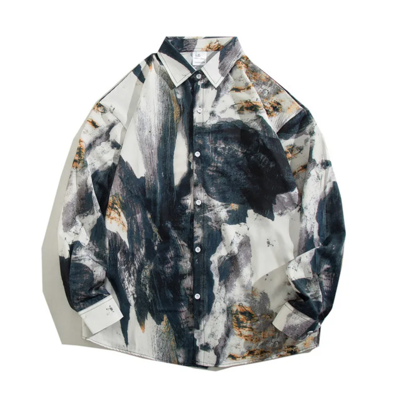 Vintage Summer Tie-dyed Painting Shirt Men Hip Hop Loose Long Sleeve Shirt Male Fashion Hawaii Button Long Sleeve Blouse Tops