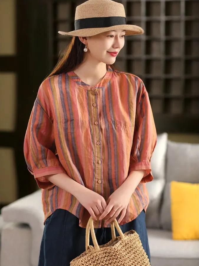 

2025 Summer New Vintage Tie Dye Striped irt Single Button Svel Stand Collar Seven Sve Women's Busin Casual irt