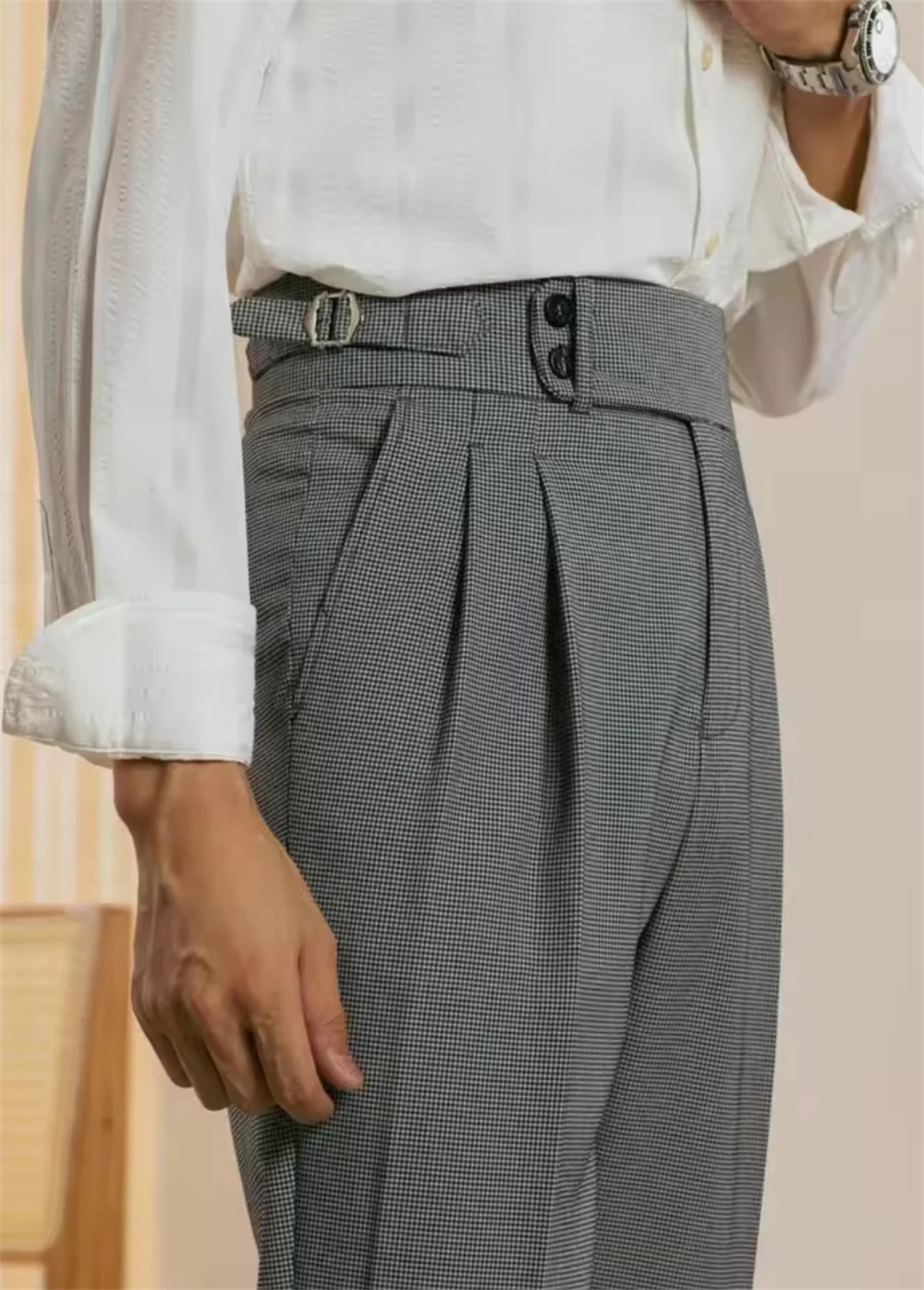 

Italian Waistline Men's Pant Houndstooth Office Trousers Men Fall Dress Pant Business Draped Trousers Gentlemen Pantalon Homme