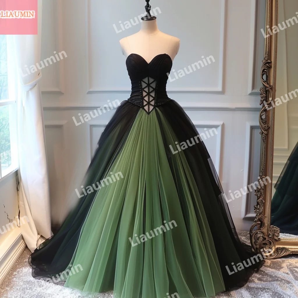 

Sexy Custom Hand Made Green Black Tulle Beading A Line Strapless Prom Dress Lace Up Back Evening Formal Party Clothing W15-53.9