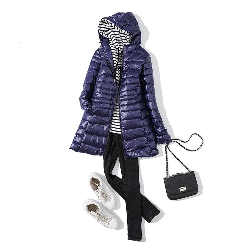 Leichte Daunenjacke für Damen, mittellang, mit Kapuze, 2022, Herbst und Winter, neue Slim-Fit-Kapuze, warme Jacke, leicht