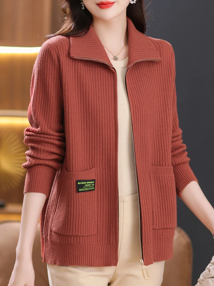 

Модный вязаный открытый кардиган на молнии, весенне-осенний свободный женский свитер с воротником, большой размер, повседневный сарафан