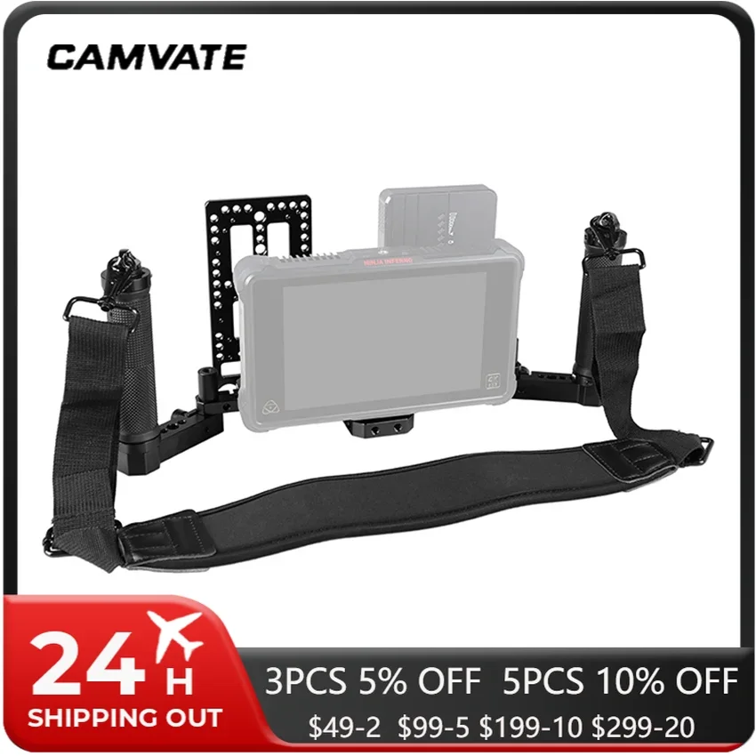 CAMVATE-aparejo de jaula para Monitor de dirección, con agarre de doble Mango, correa de hombro ajustable para el cuello y placa de batería para