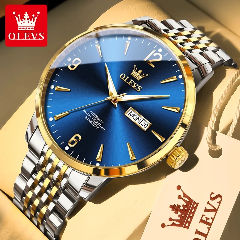 

OLEVS 9928 оригинальные автоматические часы для мужчин, классические водонепроницаемые светящиеся мужские механические наручные часы с двойным календарем из нержавеющей стали