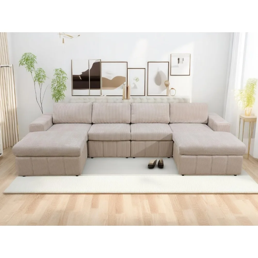 Reversible 6 Pcs Modular Sectional Sofa Couch U-Shaped Couch Corduroy Sectional Sofa Oversize Ottomans,Living Room Furniture Set