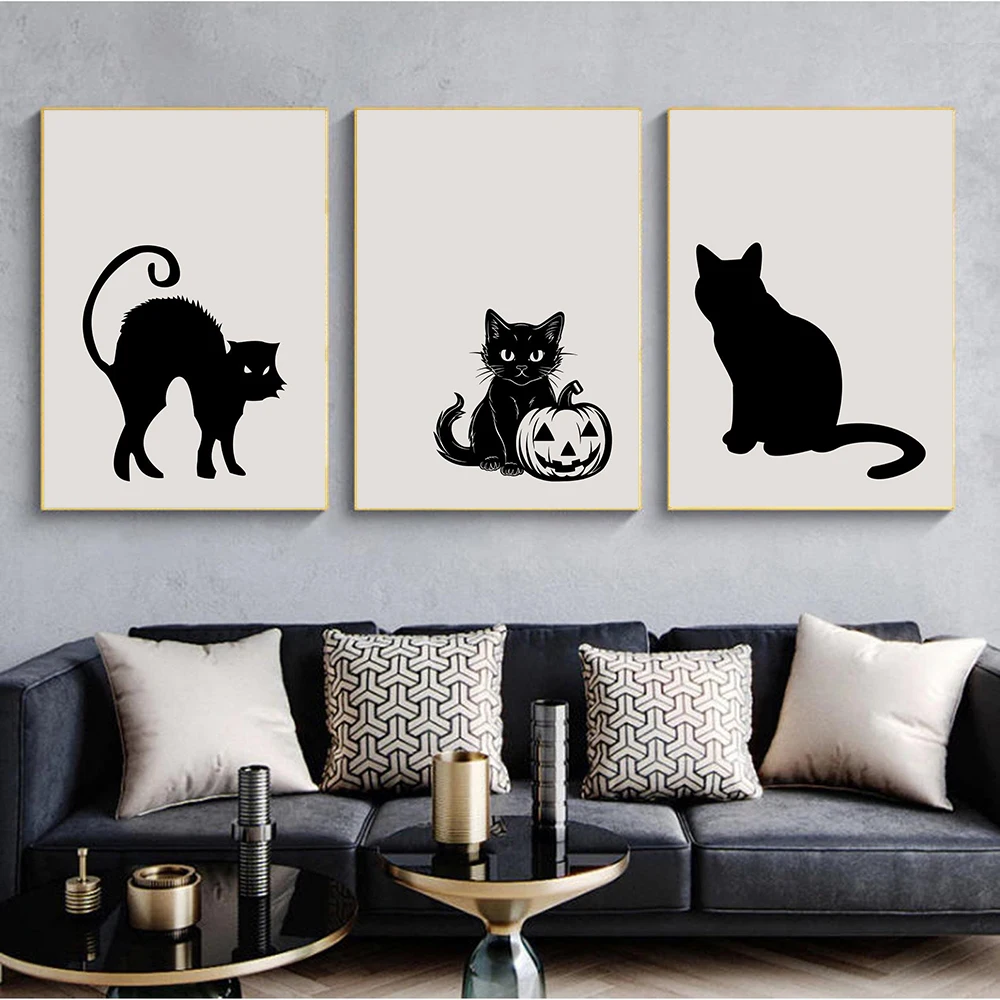 Cute Halloween Prints Wall Art for Dorm Kids Poster Black Cats Canvas Painting Vinatge Kitchen Bedroom Home Decor Pictures