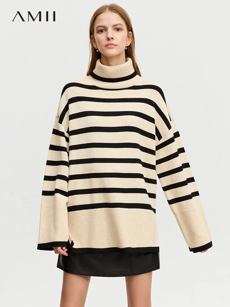 

AMII Lazy Striped Sweater for Women 2023 Autumn New Mid-long Warm Loose Soft Knitwears Jumper Turtleneck Slit Tops Lady 12323046