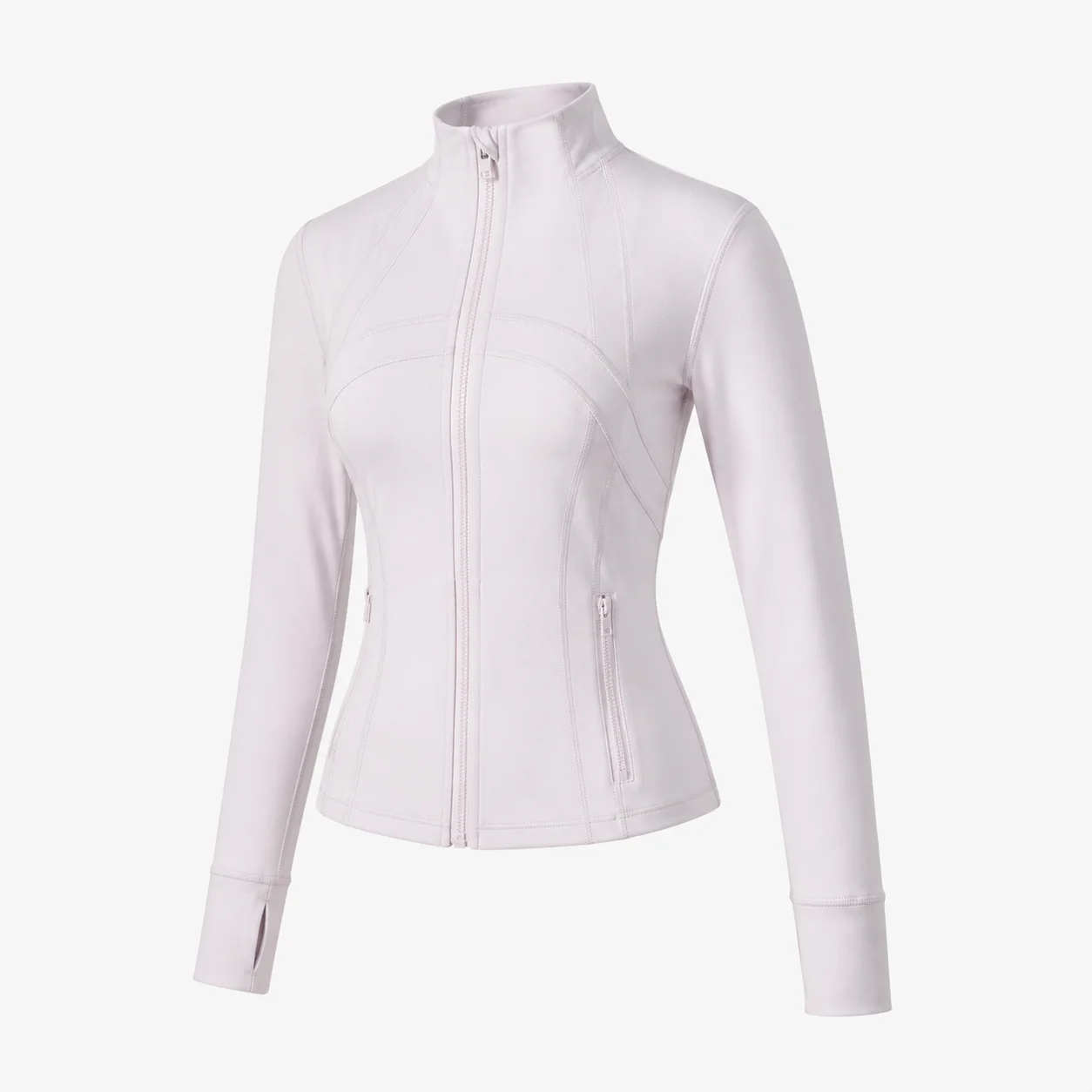 Women's Pale Blush Pink Slim Fit Full Zip Sports Jacket Stand Collar Long Sleeve Thumbhole Workout Running Yoga Outerwear