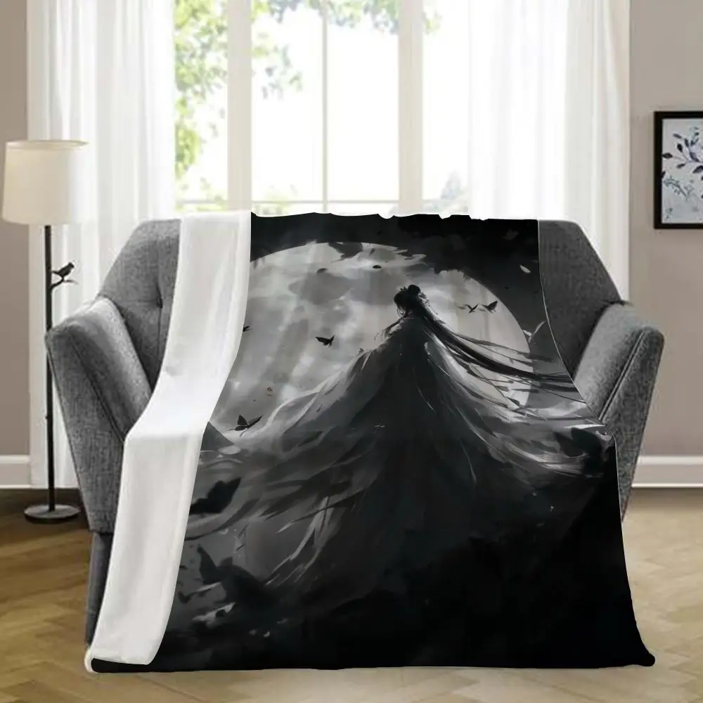 Ink Wash Wuxia Swordsman Throw Blanket, Full Moon Ancient Warrior Silhouette Oriental Flannel Blanket Throw Blanket Aesthetic Po
