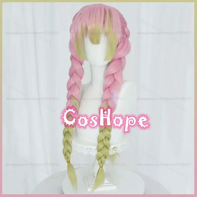 Mitsuri Kanroji Cosplay-Perücke, 80 cm lang, vorgeflochten, rosa, grün, geschichtet, Farbverlaufsperücke, Cosplay, Anime, hitzebeständige synthetische Perücken