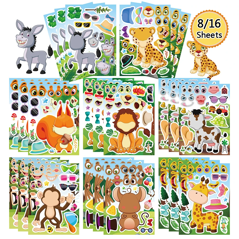 8/16Sheets Kids Animals Make a Face Puzzle Stickers Create your own Monkey Lion Giraffe Children DIY Jigsaw Reward Party Favors