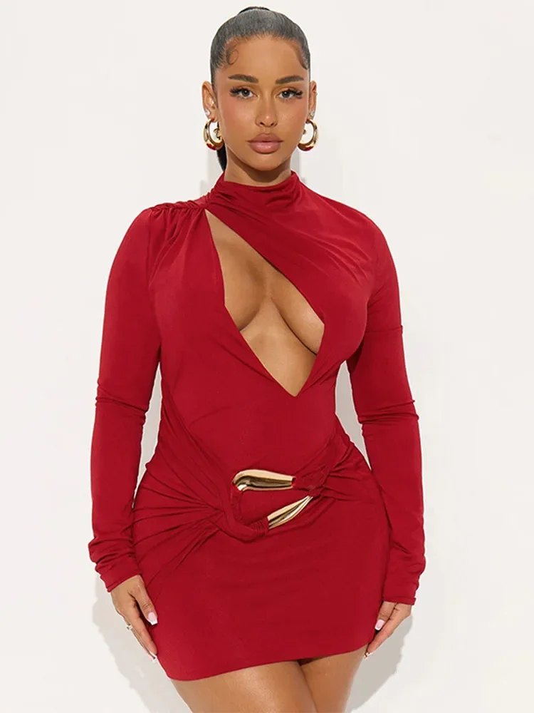 Women Sexy Hollow Pleated Mini Dress Chic Solid Full Sleeve Half-high Collar Bandage Slim Dresses 2025 Lady Evening Party Gowns
