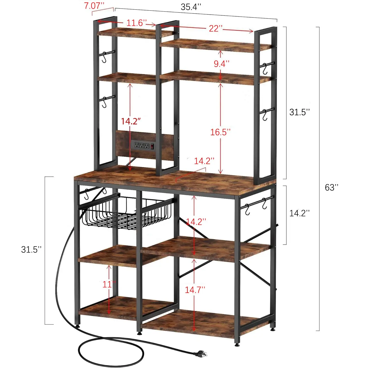 Bakers Rack with Power Outlet - 6 Tier Microwave Stand with Storage, 35.4 inches Kitchen Shelf with Wire Basket and 12