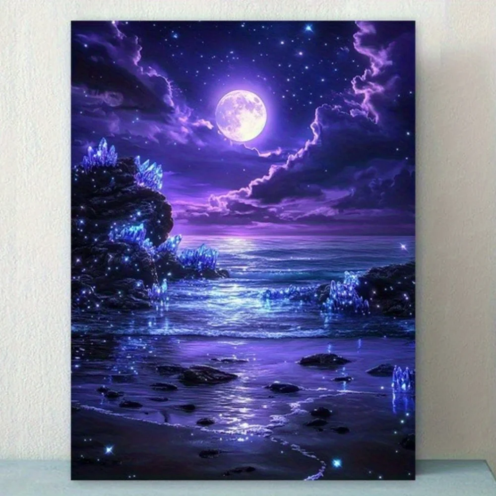 

500/1000/1200/2000PCS Puzzles for Adults Full Moon on Purple Night Light Beach,Jigsaw Puzzles Brain Games Gifts Home Decor
