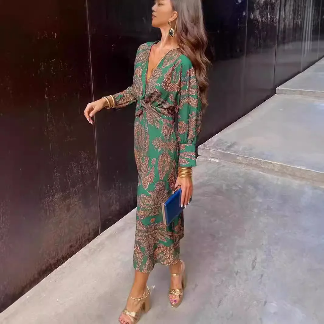 Vrouwen Vintage Bloemenprint Maxi Jurk Boho 3/4 Mouw Oversized Lange Jurk Casual Harajuku v-hals Vakantie Jurk Elegant Gewaad