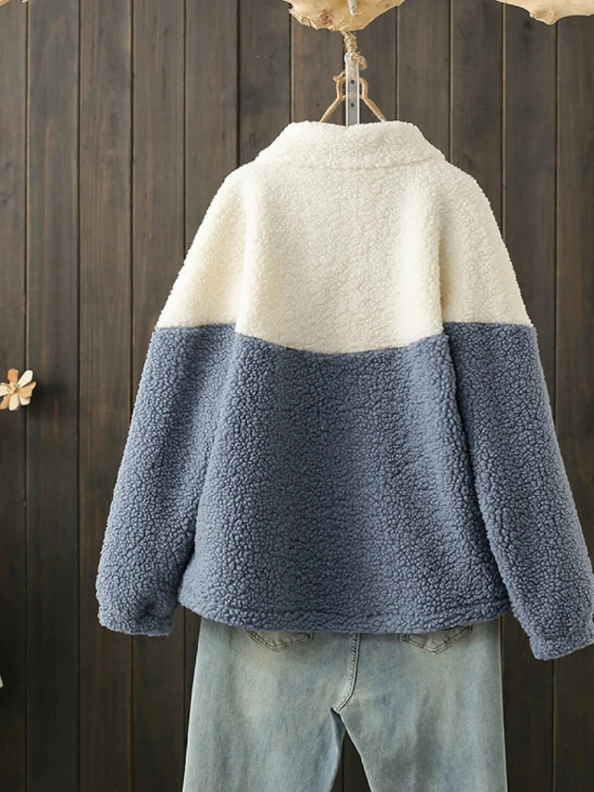Autumn Winter Thickened Fleece Lined Lamb Fur Sweatshirt Student Fluffy Color Block Cotton Jacket Trendy Outerwear Coat