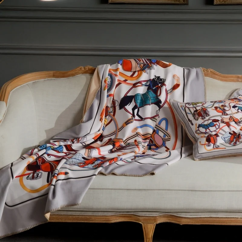 Luxury Silk Scarf Style Throw Blanket & Pillow Cover Set | Vibrant Horse Print Reversible Blanket | Modern Bohemian Sofa Bedroom