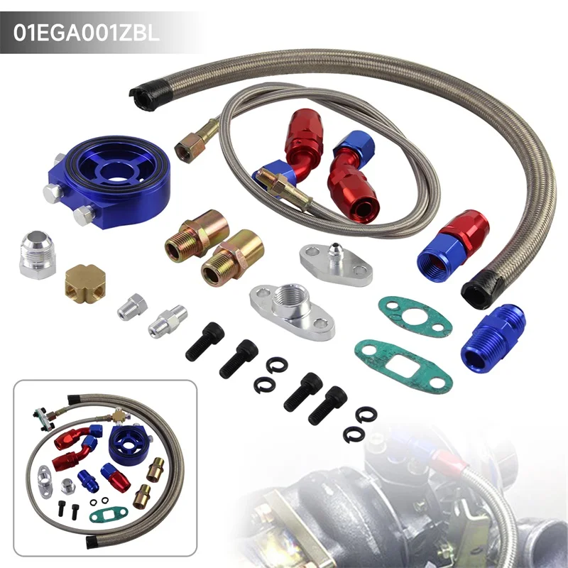 Turbo Oil Return Drain+ Feed Line + Sandwich Adapter Plate For SR20DET KA24DE  95-99 Eclipse K24 Blue