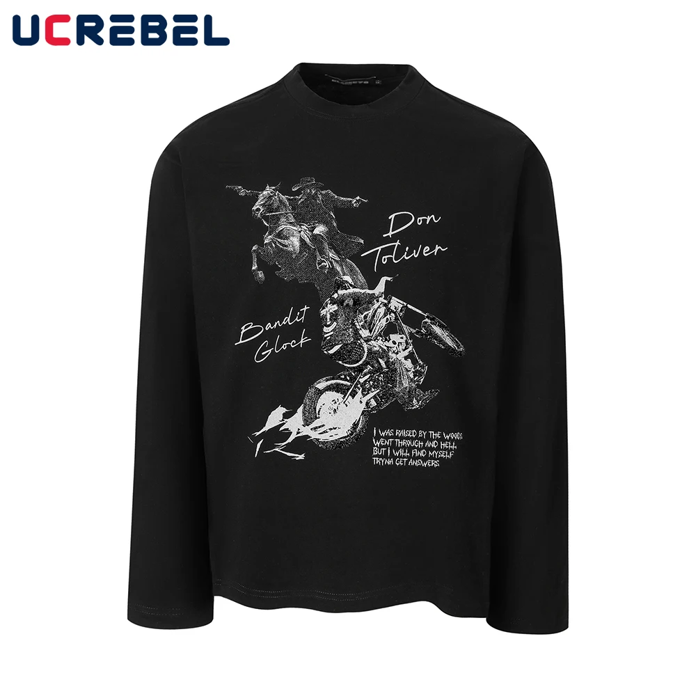 

Portrait Print Long Sleeve T-shirt Mens Retro Autumn High Street Loose Crew Neck Cotton Tee Man Tshirt