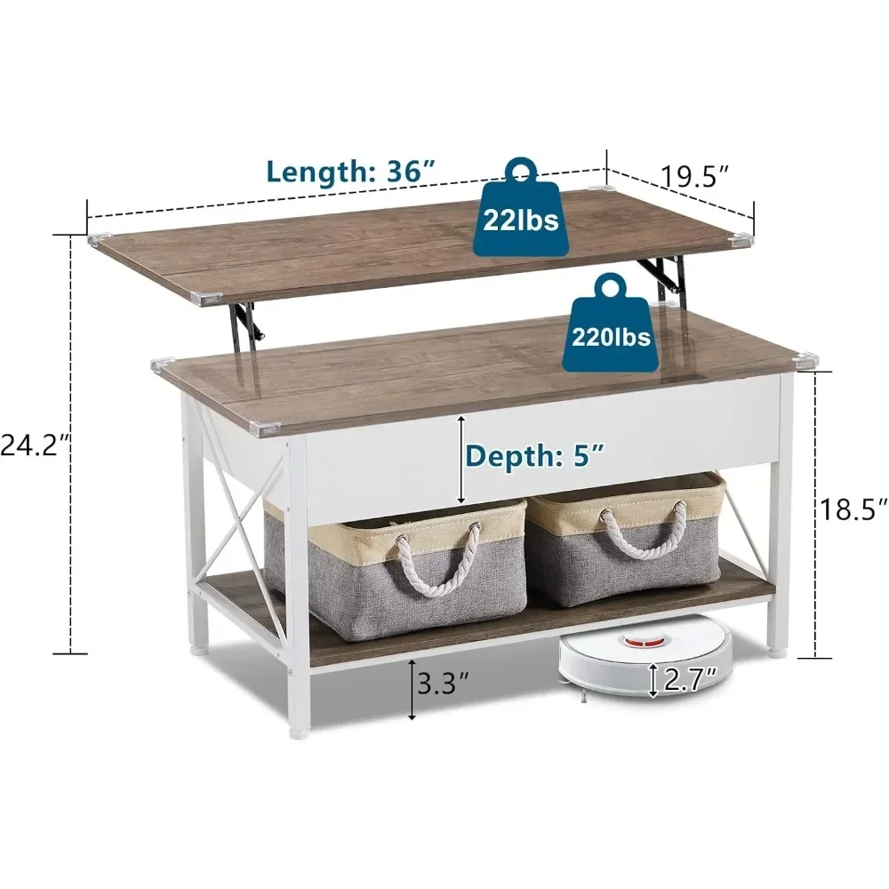 Mesa de centro elevadora de 36 pulgadas con contenedores de almacenamiento de tela gratis, marco de nogal blanco, mesas de comedor pequeñas de estilo moderno, juegos de extremos de mesas