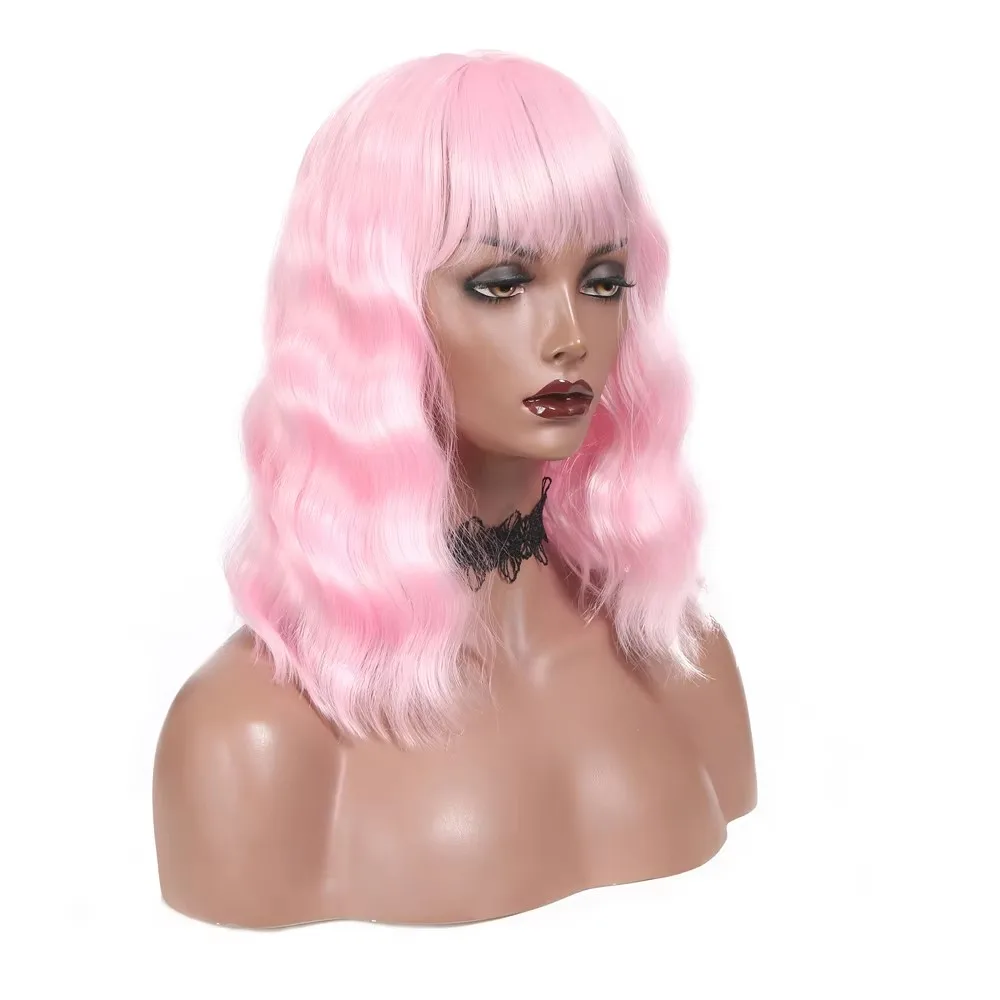 شعر مستعار قصير مموج وردي بوب صناعي مقاوم للحرارة للنساء للحفلات التنكرية والاستخدام اليومي #2