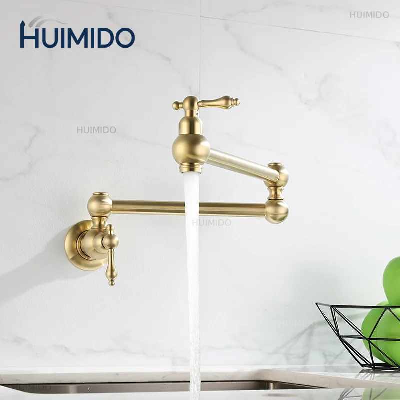 Pot Filler Tap Wall Mounted Foldable Brushed Gold Kitchen Faucet Single Cold  Sink Tap Rotate Folding Spout Chrome Brass