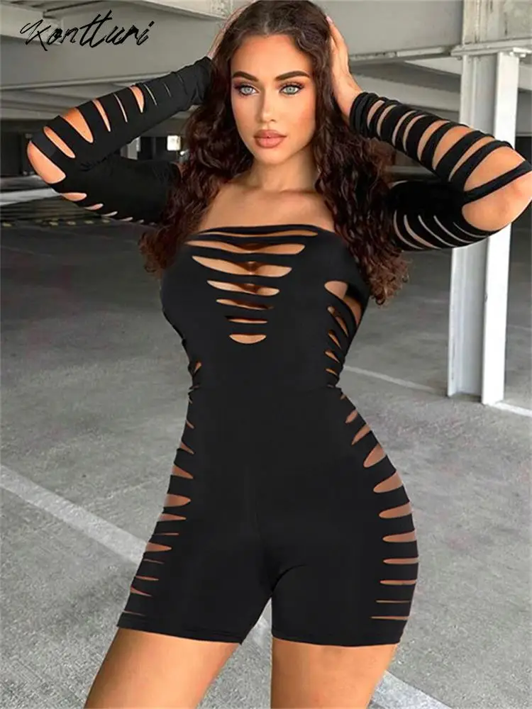 

Kontturi Fall Skinny Hollow Backless Jumpsuit For Women Sexys Slash Neck Long Sleeve Playsuit One Pieces Fashion Black Romper