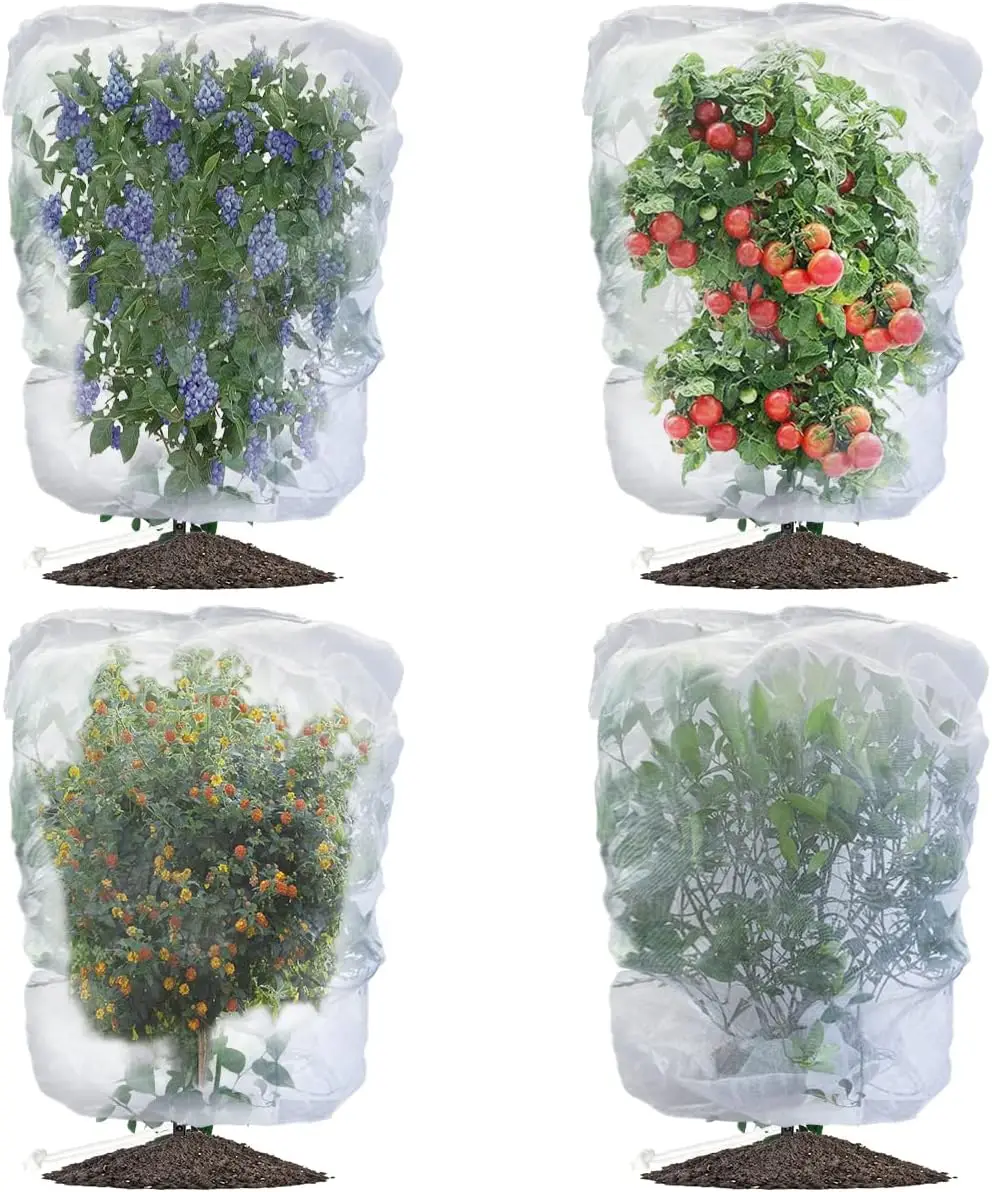 Malla protectora para pájaros para jardín, arándanos, árboles frutales, cubierta de malla para protección de plantas con cordón, paquete de 4, 2.3 x 3.5 pies