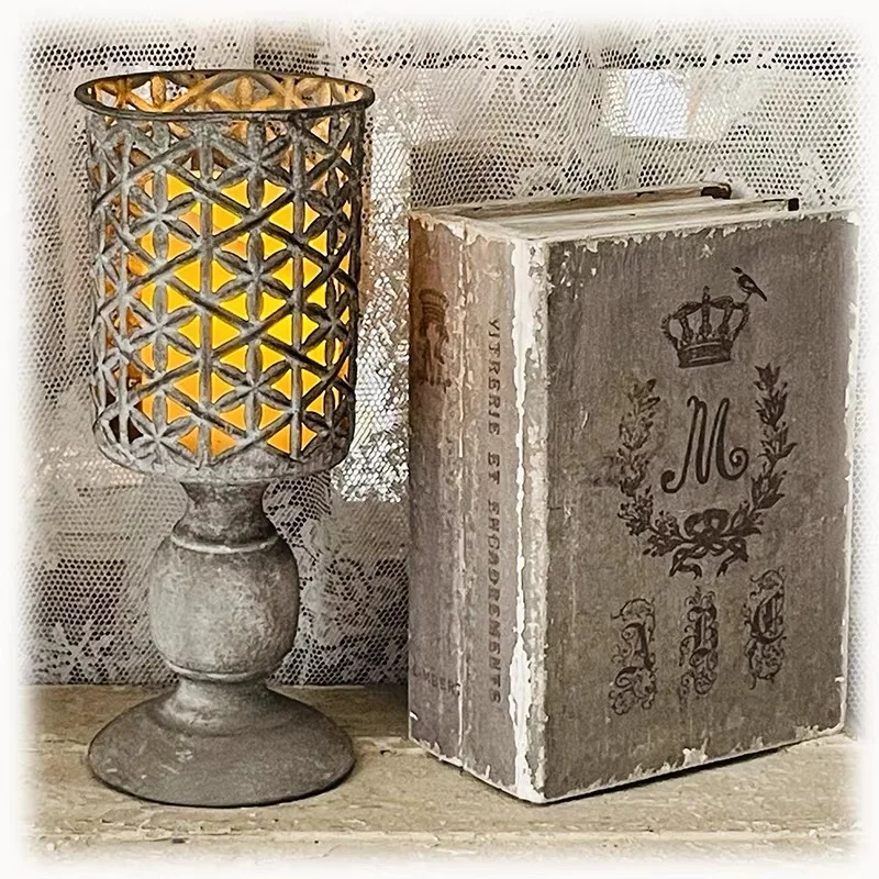 

Vintage Style Metal Candle Holder, Geometric Pattern Lantern with Pedestal Base, Antique Gray Finish, Decorative Lighting