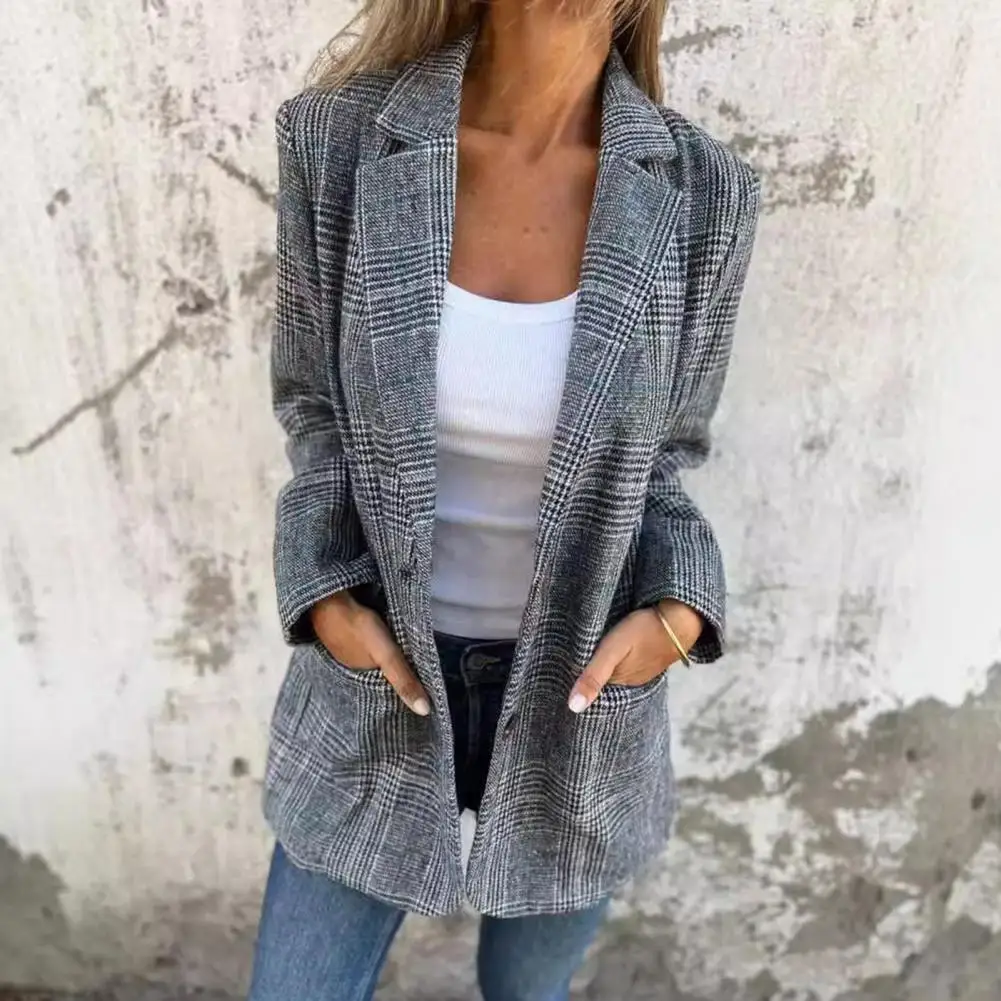 Women Suit Coat Houndstooth Print Single-Breasted Cardigan Suit Jacket With Flap Pockets Loose Fit Long Sleeve Business Outwear