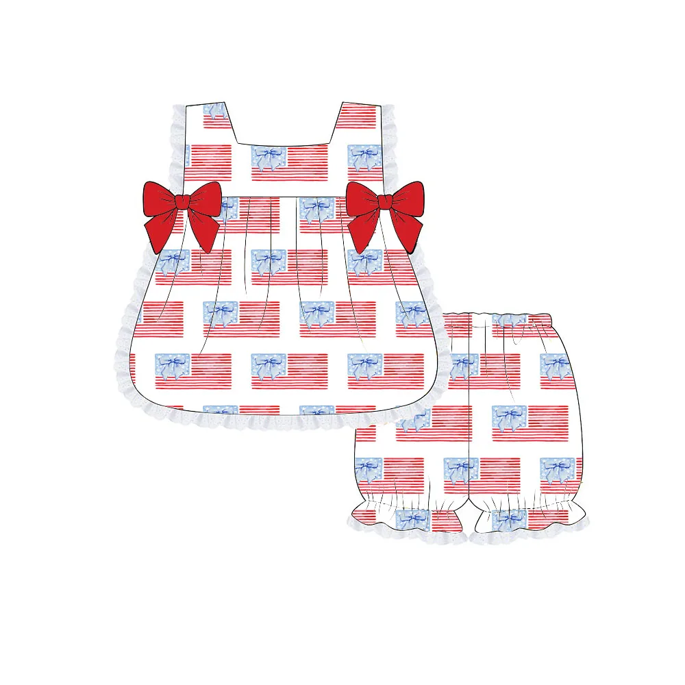 4th of July Independence Day Flag and Watermelon Print Girls Summer Sleeveless Lace Top Shorts Boutique Set