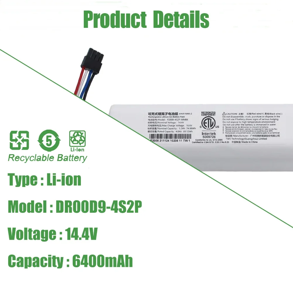 P2008-4S2P-MMBK Battery for Dreame D9 Max F9 Z10 L10 Pro L10s Plus D10s RLS5-BL0 P2150 S10 S20 X10 RL55L Robot Vacuum Cleaner
