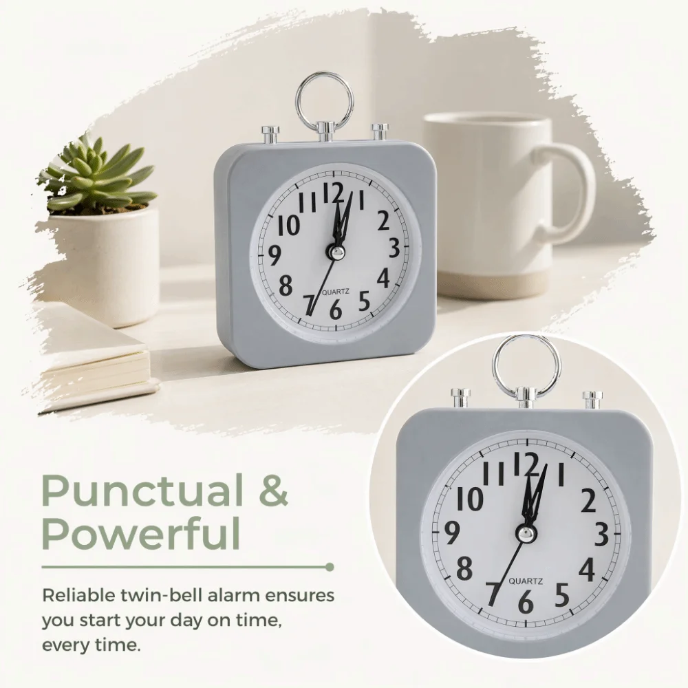 Plastic Dual Bell Desktop Alarm Clock 3.94inch Wide Readable Display Screen Plastic Bedroom Wake-up Clock Gray