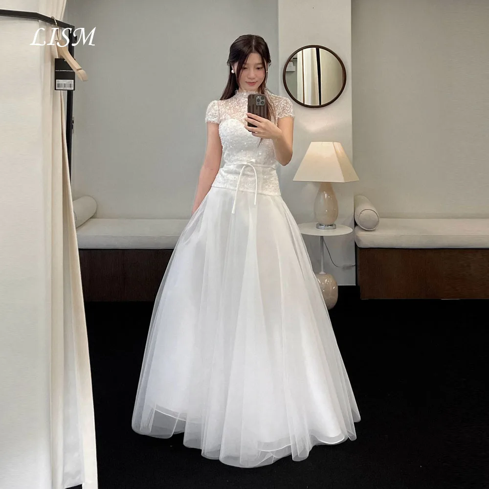

LISM O-Neck A-Line Wedding Dresses Korea Photo Shoot Silk Tulle Lace Short Sleeves Floor Length Elegant Bridal Gowns Customized